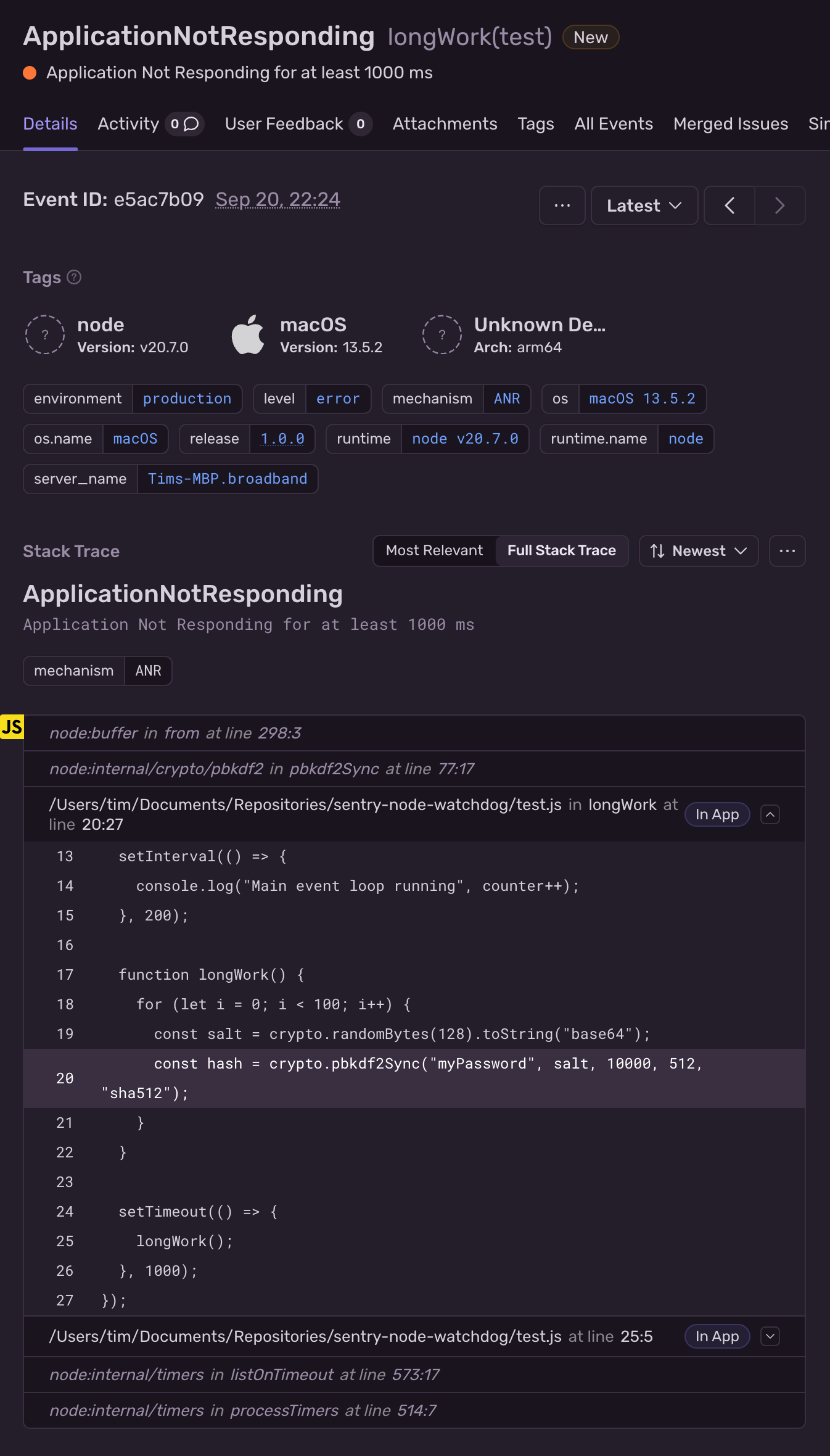 Example of an ANR error event